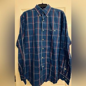 SOLD. Wrangler Classic button down dress shirt. Dark blue w/red&white stripes.